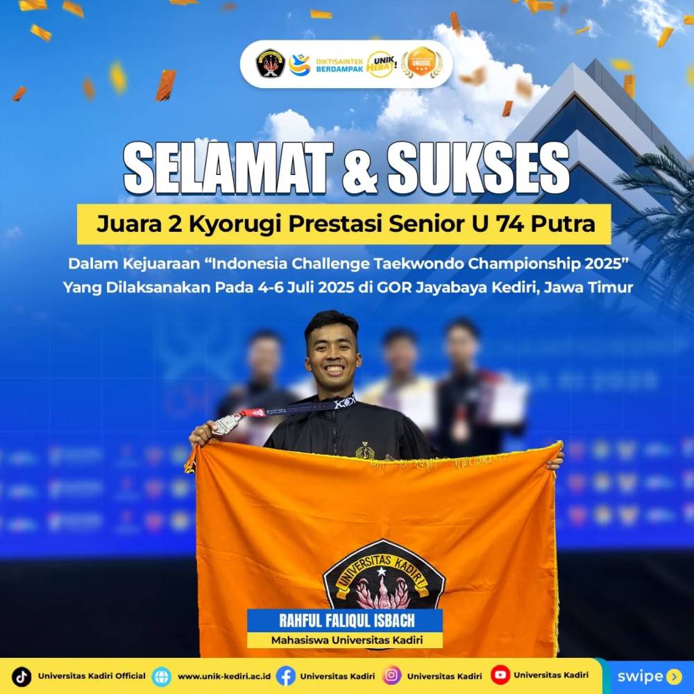 Selamat dan Sukses kepada Rahful Faliqul Isbach, Mahasiswa Universitas Kadiri Peraih Juara 2 Kyorugi Prestasi Senior U-74 Putra