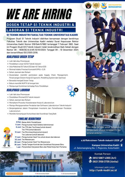 Universitas Kadiri Membuka Rekrutmen Dosen Tetap dan Laboran Program Studi S1 Teknik Industri
